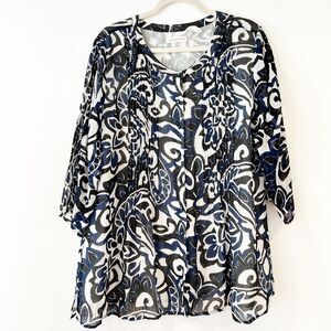 Coldwater Creek Tunic Button Front Blouse Blue White 3/4 Sleeves XL 18